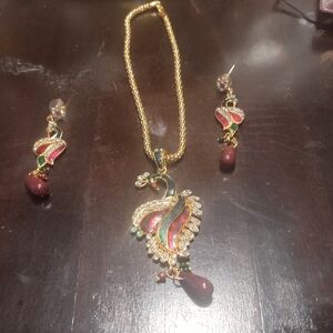 Elegant Gold and Red Peacock Jewelry Set